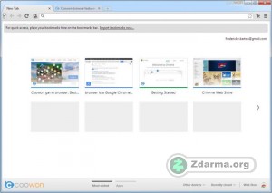 Hlavní okno prohlížeče s pásem oblíbených webů