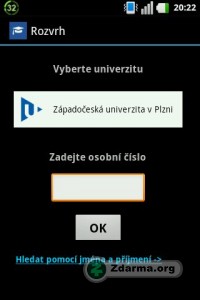 Přidání nového rozvrhu (výběr univerzity + zadání osobního čísla)