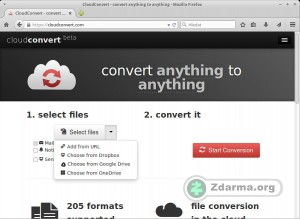 Hlavní stránka CloudConvert s výběrem umístění souboru pro konverzi