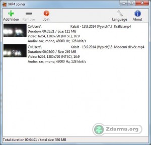 Okno programu MP4Joiner s vloženými videi na spojování
