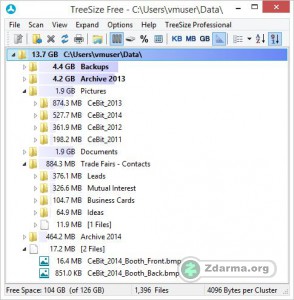 Základní přehled dat v adresáři v programu TreeSize Free