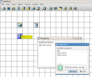 Prostředí programu NetEmul s jednotlivými prvky při sestavování sítě. U počítačů lze například nasimulovat činnost DHCP serveru.
