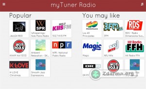 prostředí myTuner Radio - nabídka radií