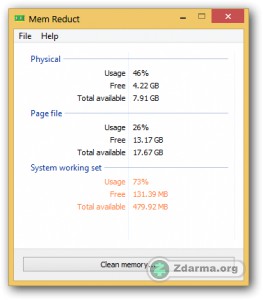 Rozhraní programu Mem Reduct nabízí přehled využití i dostupné paměti RAM