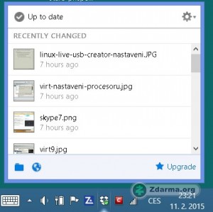 Přehled posledních změn provedených na Dropbox disku. Indikace v oznamovací oblasti Windows.