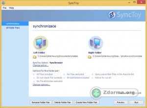 SyncToy synchronizační pár adresářů s nastavením.