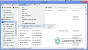 Adresář kontaktů s menu rozšíření gContactSync