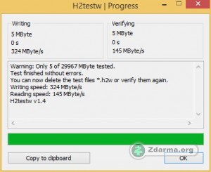 Kontrola zápisu a čtení disku v H2testw