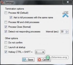 Možnosti nastavení aplikace Process Closer