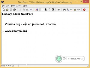Textový editor NotePare s napsaným textem