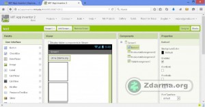 MIT App Inventor s obrazovkou zařízení a vlevo prvky