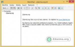 MemPad se strukturou poznámek a obsahem jedné z nich