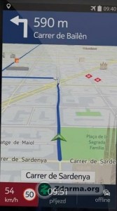 Navigace HERE s vypočtenou trasou a informací o době příjezdu