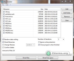 Vybrané soubory pro odstranění v programu Alternate File Shredder
