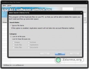 Nastavení kritérií hledání duplicit v Soft4Boost Dup File Finder