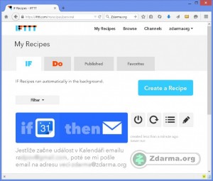 Vytvořený úkol (recept) v online aplikaci IFTTT