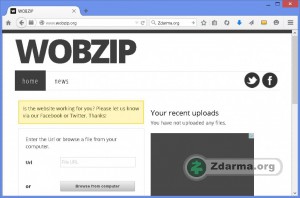 Domovská stránka Wobzip s výběrem archívu na webu nebo PC