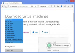 Výběr verze Windows v rámci Virtuálních strojů Win XP až 10
