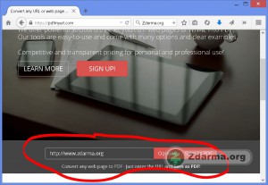 Formulář pro převod webové stránky do PDF na službě PDFmyURL je trochu níže