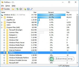 RidNacs se zobrazením procentuální velikosti jednotlivých adresářů