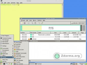 SystemRescueCd s oknem GParted a zobrazeným menu