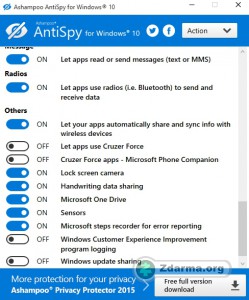 Rozhraní aplikace Ashampoo® AntiSpy for Windows 10 tvoří jediné okno