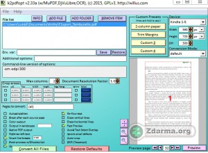 K2pdfopt nabízí náhled optimalizovaného dokumentu v pravé dolní části obrazovky