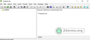 Základní rozhraní TreePad Lite, vpravo si můžete všimnout textového editoru pro tvoření poznámky
