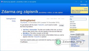 TiddlyDesktop s otevřeným jedním TiddlyWiki zápisníkem