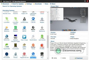 Get Linux nabízí desítky linuxových distribucí s možností stažení. U každé informace o prostředí, zaměření, apod. Nahoře možnost aktualizace.