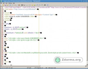 Notepad3 s otevřeným PHP souborem se zvýrazněním syntaxe a zobrazením konců řádků. Editor automaticky odsazuje text.