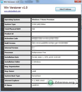 Program Win Versioner je tvořen pouze jedním oknem s výpisem informací
