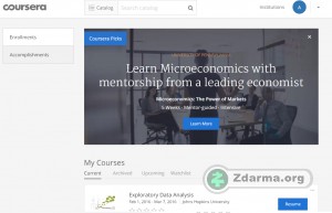 Domovská stránka Coursera, vyhledávání a menu