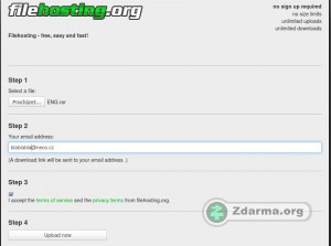 Ve čtyřech krocích nahrajete soubor. Poté přijde na zadaný e-mail odkaz, pomocí něhož lze poslat na jakýkoli e-mail odkaz přímo ke stažení souboru.